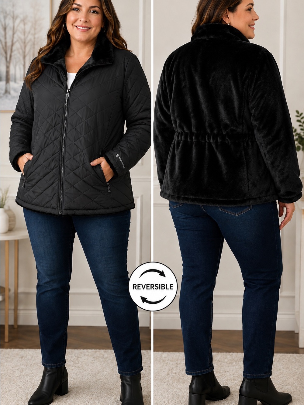 Free Country Reversible Jacket Size XXL Black Quilted & Faux-Fur Jacket NWT